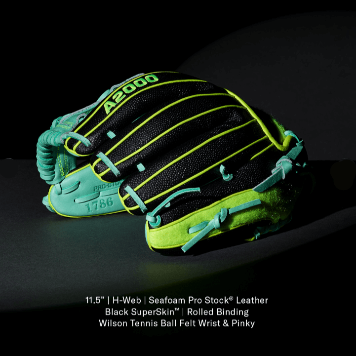 Wilson 2025 Tennis A2000 1786SS 11.5” Infield Baseball Glove, side view with black and seafoam color, H-web design.