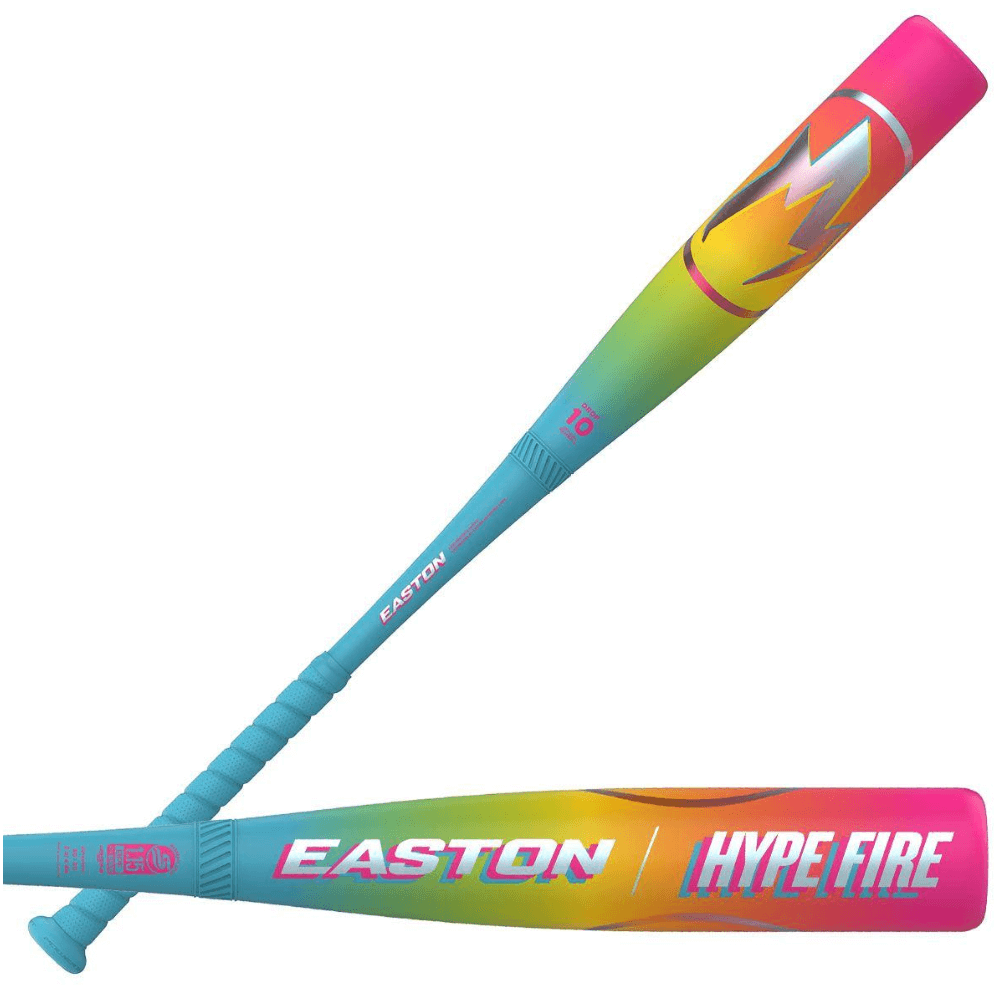 Side profile view of 2026 Easton Hype Fire (-10) USSSA Baseball Bat, multicolor design with visible brand graphics and drop weight.
