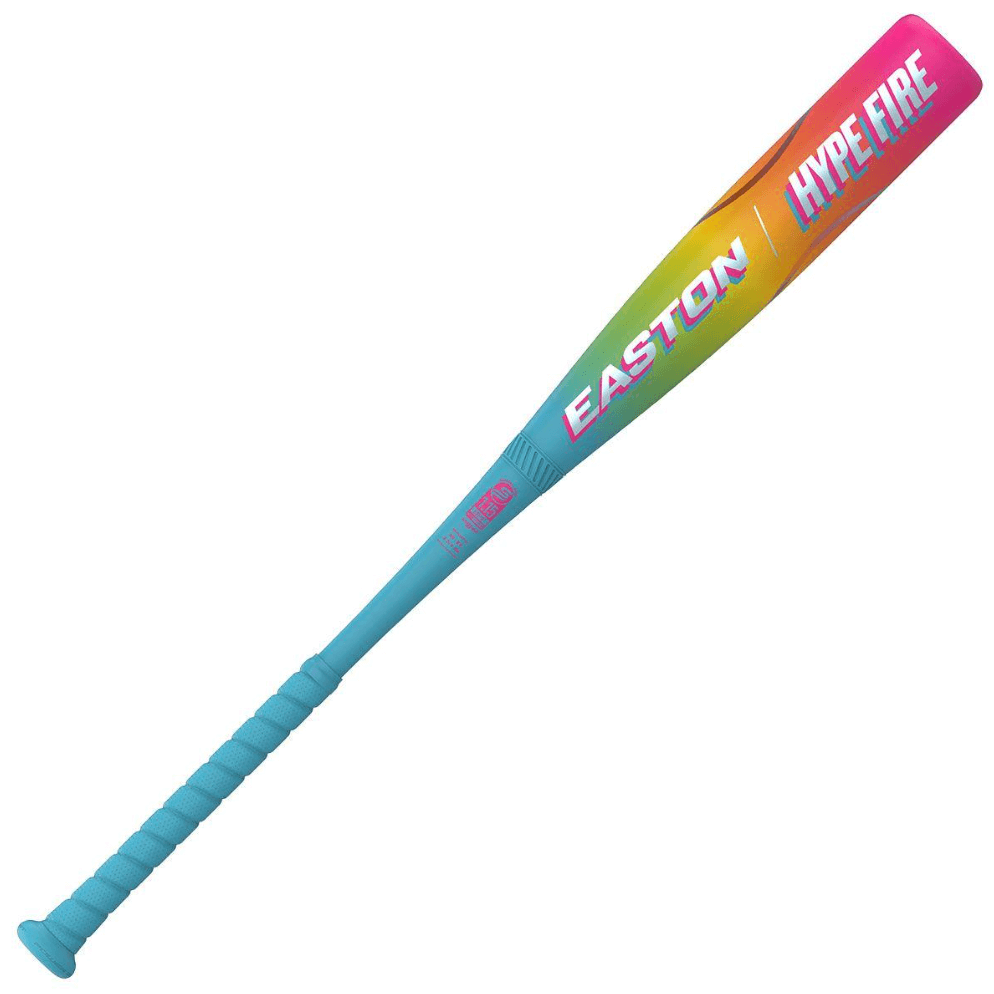 2026 Easton Hype Fire (-10) USSSA Baseball Bat side view, vibrant color gradient, and pink grip