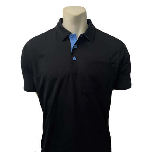 Smitty black short sleeve umpire shirt with blue collar and pocket, perfect for officials in intense games.