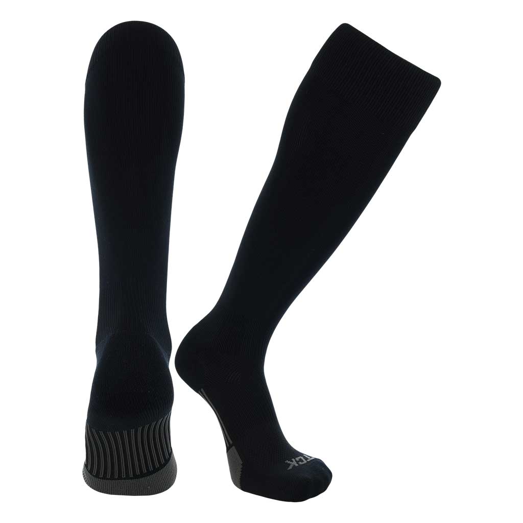 TCK Elite Dugout Solid Sock in black, featuring moisture-wicking technology and arch compression for athletes.