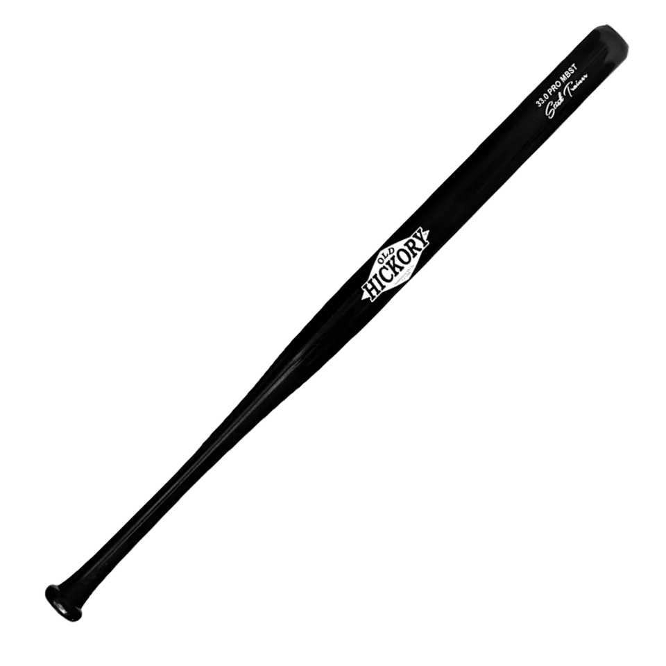 Side profile of Old Hickory Stick Trainer Wood Baseball Bat in black with visible branding and signature detail.