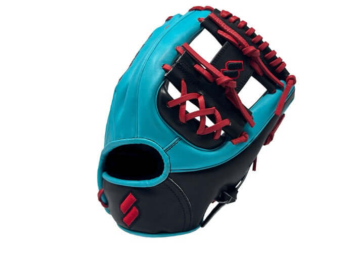 Front view of Sacco Ultra Premium Steer Hide glove in teal, black, and red with I-Web design and dual welt thumb.