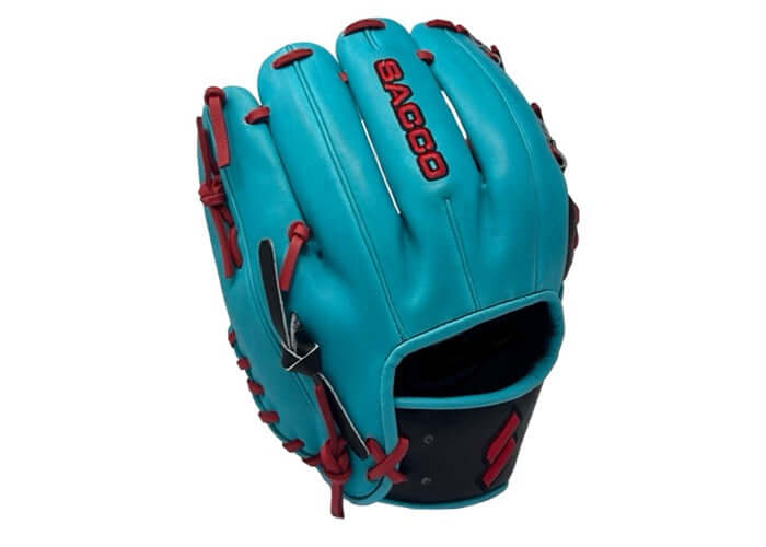Sacco ultra-premium steer hide glove in teal, black, and red; I-Web design with dual welt thumb, front view.