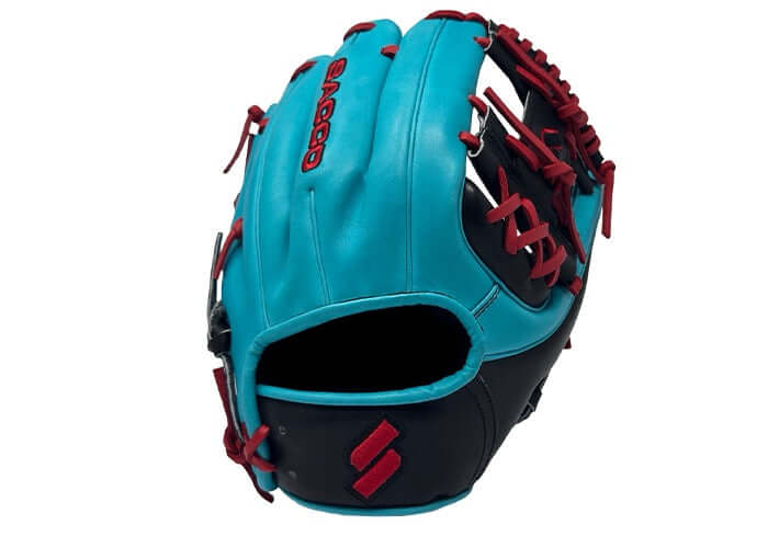 Sacco Ultra Premium Steer Hide 11.5" glove in teal, black, and red, showcasing the I-Web design from the side view.