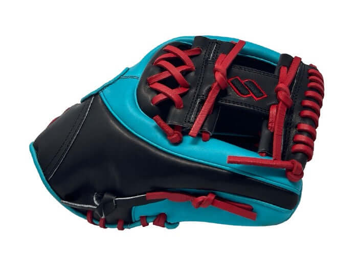 Side view of Sacco Ultra Premium Steer Hide glove in teal, black, and red with an I-Web and dual welt thumb.