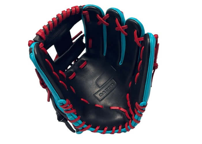 Sacco Ultra Premium 11.5-inch I-Web glove in teal, black & red, showing interior view with dual welt thumb.