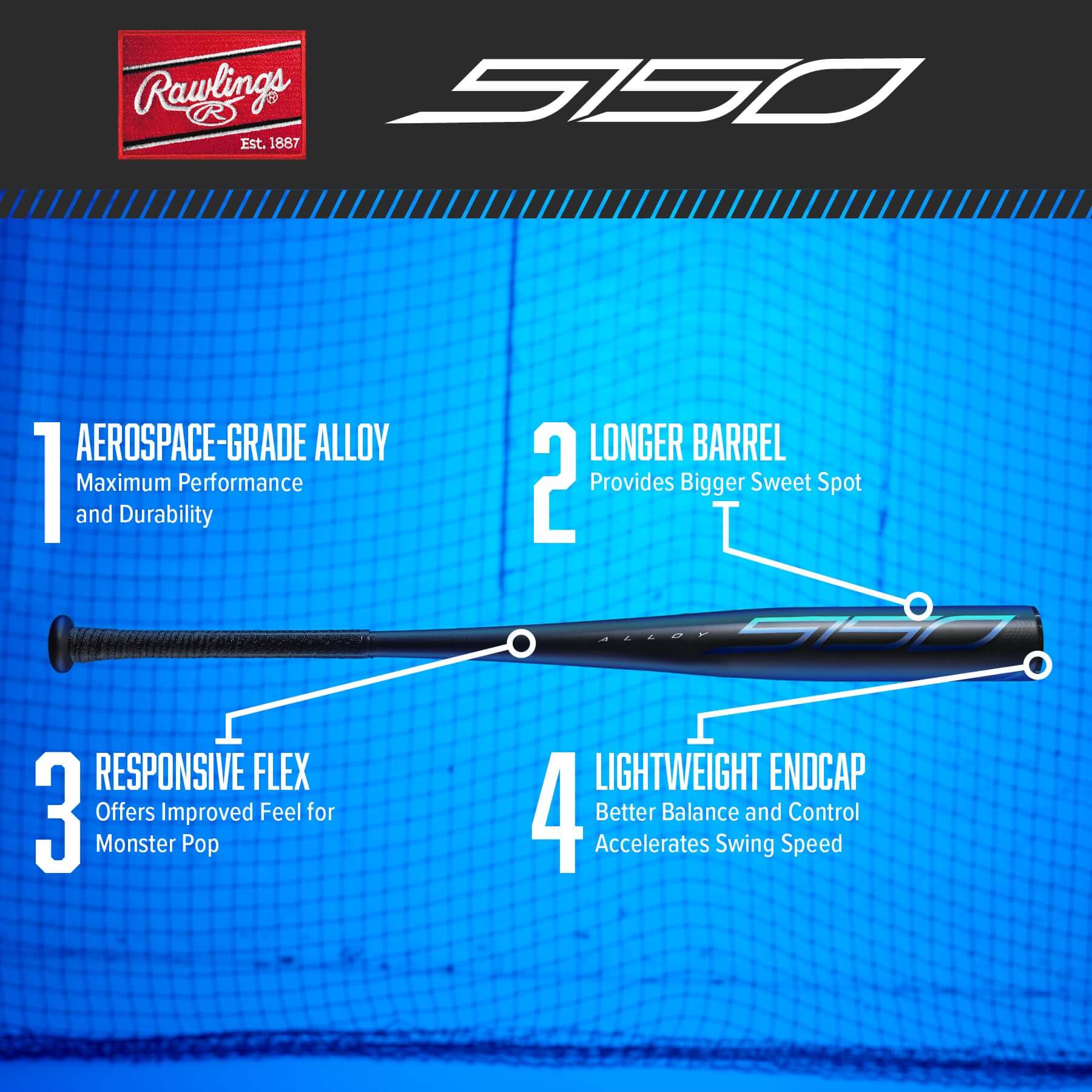 Rawlings 5150 T-Ball bat features, including aerospace-grade alloy, longer barrel, responsive flex, and lightweight endcap.