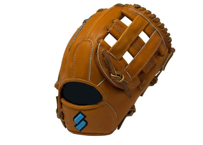 Front view of Sacco Ultra Premium Steer Hide 11.5" H-Web glove in tan and blue, showcasing flexibility and grip.