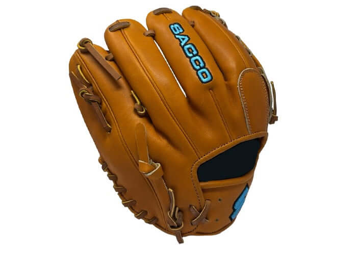 Sacco Ultra Premium Steer Hide 11.5" H-Web glove, tan and blue, showcasing the front view with excellent grip and flexibility.