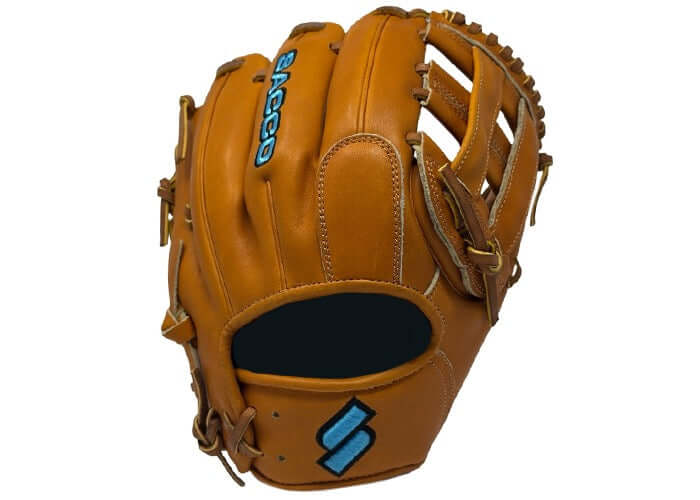 Sacco Ultra Premium 11.5" H-Web glove in tan and blue view showing front and pocket design for superior grip and flexibility.