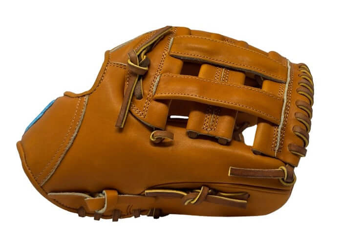 Side view of Sacco Ultra Premium Steer Hide 11.5" H-Web glove in tan and blue, showcasing its quality craftsmanship.