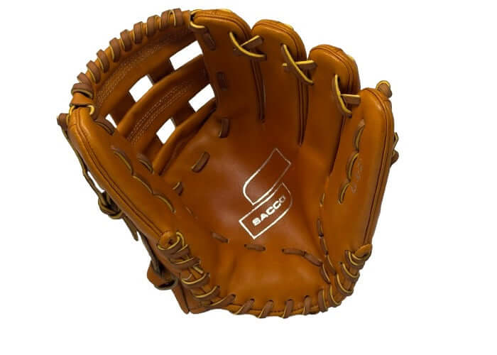 Sacco Ultra Premium 11.5" H-Web glove in tan, showing interior pocket and flexible design for superior grip and control.