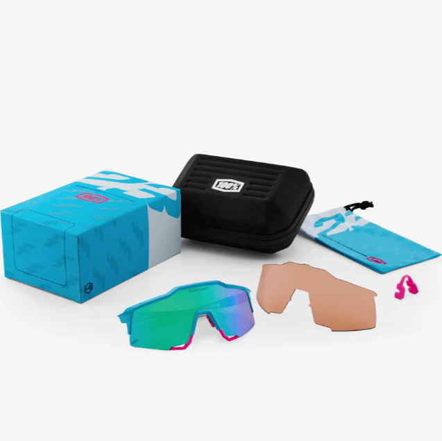 Sport sunglasses package including interchangeable lenses, protective case, and accessories in vibrant blue design.