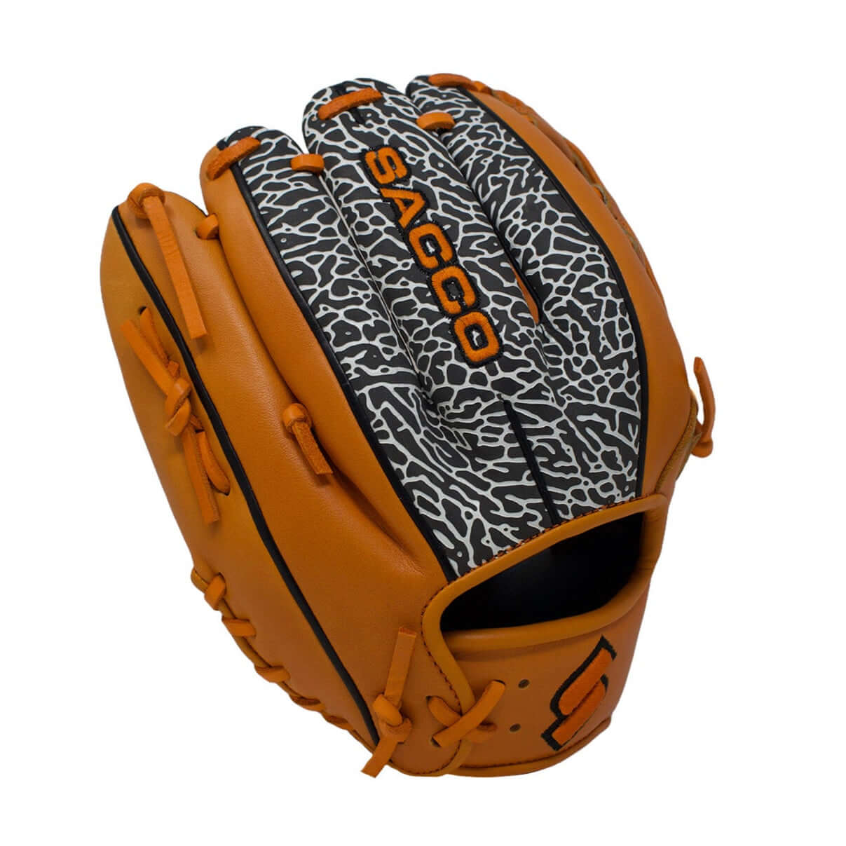 Detailed look at finger area with pro-grade orange lacing and stitching.