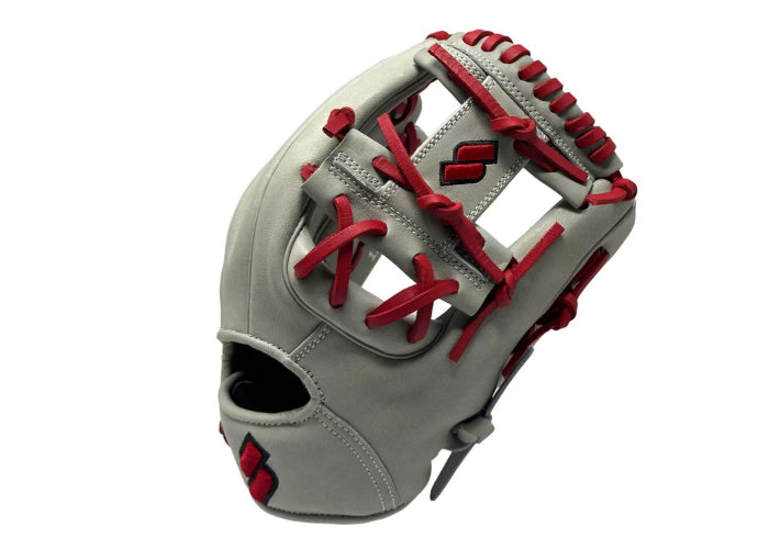 Back View of Sacco Youth Ultra Smooth Kip I-Web Lacrosse Head 11.5 Inch - Light Gray and Red