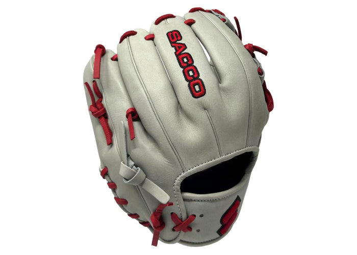 Right Side View of Sacco Youth Ultra Smooth Kip I-Web Lacrosse Head 11.5 Inch - Light Gray and Red