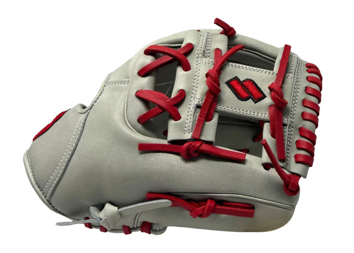 Angled View Highlighting Design of Sacco Youth Ultra Smooth Kip I-Web Lacrosse Head 11.5 Inch - Light Gray and Red