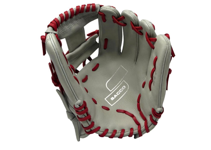 Side View Showing Kip Finish of Sacco Youth Ultra Smooth Kip I-Web Lacrosse Head 11.5 Inch - Light Gray and Red