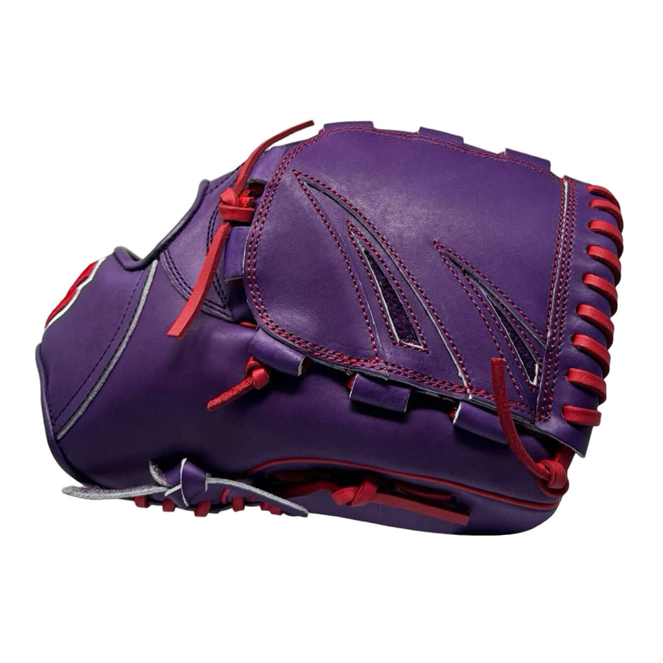 Detail of cushioned thumb slot in purple glove for enhanced comfort and fit.