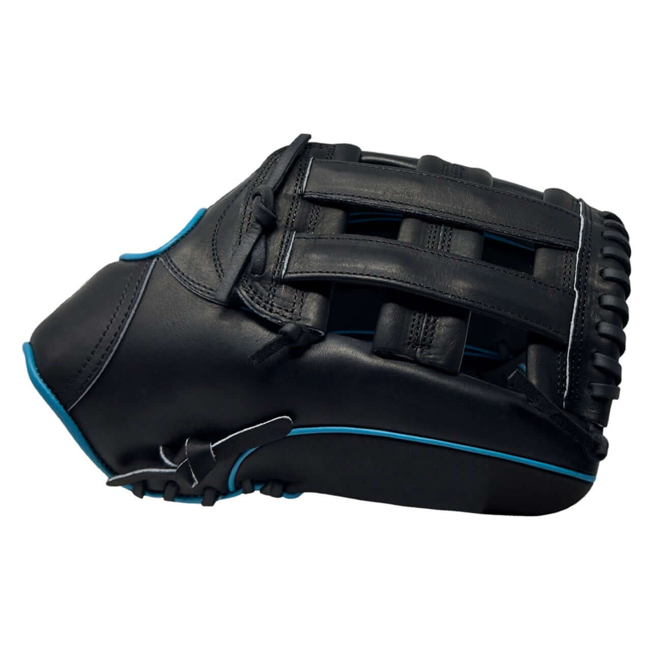 Sacco Ultra Premium Steer-Hide H-Web black-aqua baseball glove side view, 12.75" for optimal fielding performance.