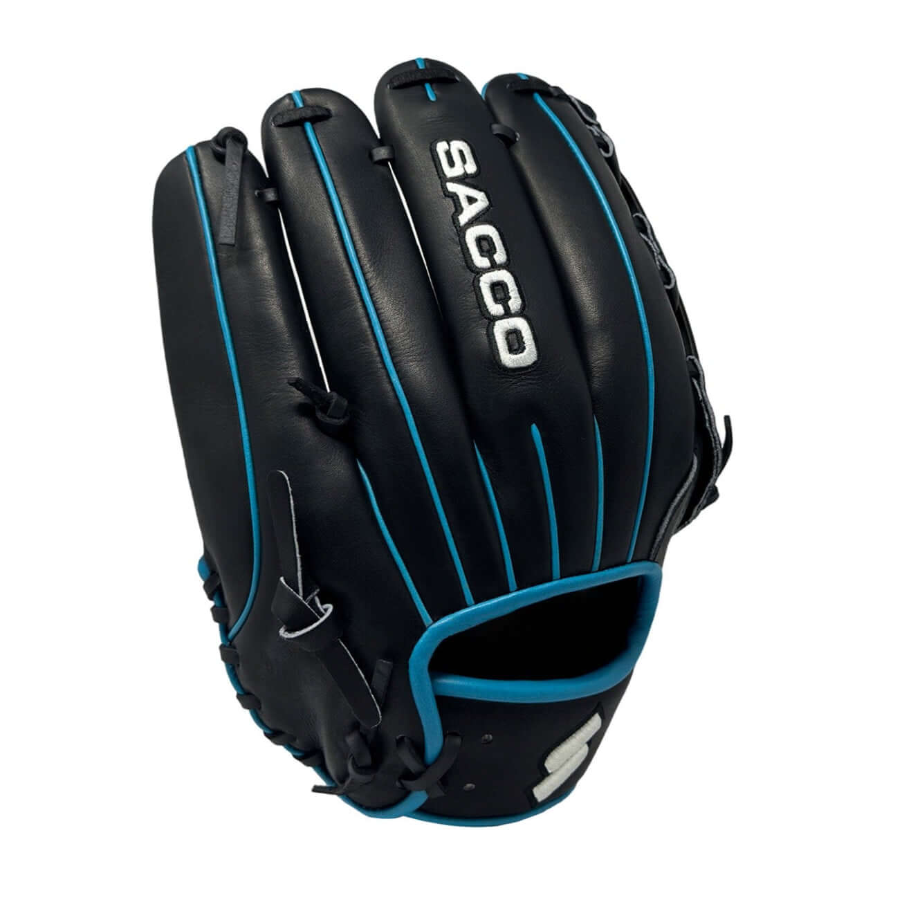 Sacco Ultra Premium Steer-Hide H-Web glove in black and aqua, 12.75" designed for top-tier fielding performance and comfort.