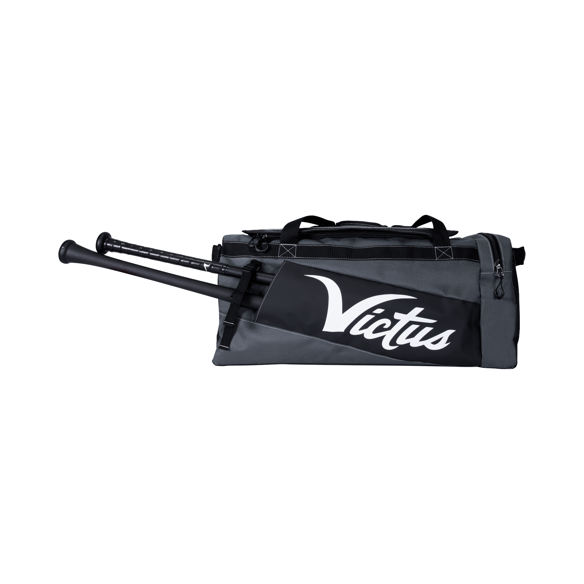 Gray/Black Victus DNA Duffel Bag with external bat sleeves for two bats.