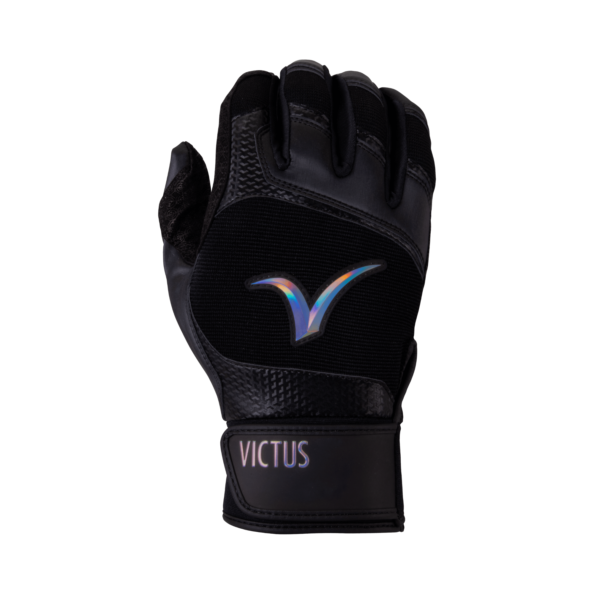 Victus Debut 2.0 Black batting glove featuring Pittards sheepskin palm and stretch knit Carbonium Synthetic for flexibility.