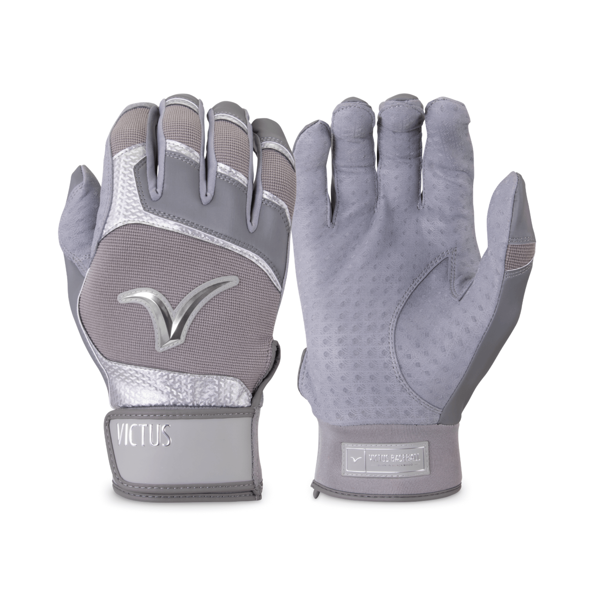 Victus Debut 2.0 batting gloves in gray with Pittards® sheepskin palm for enhanced grip and flexible Carbonium Synthetic back.