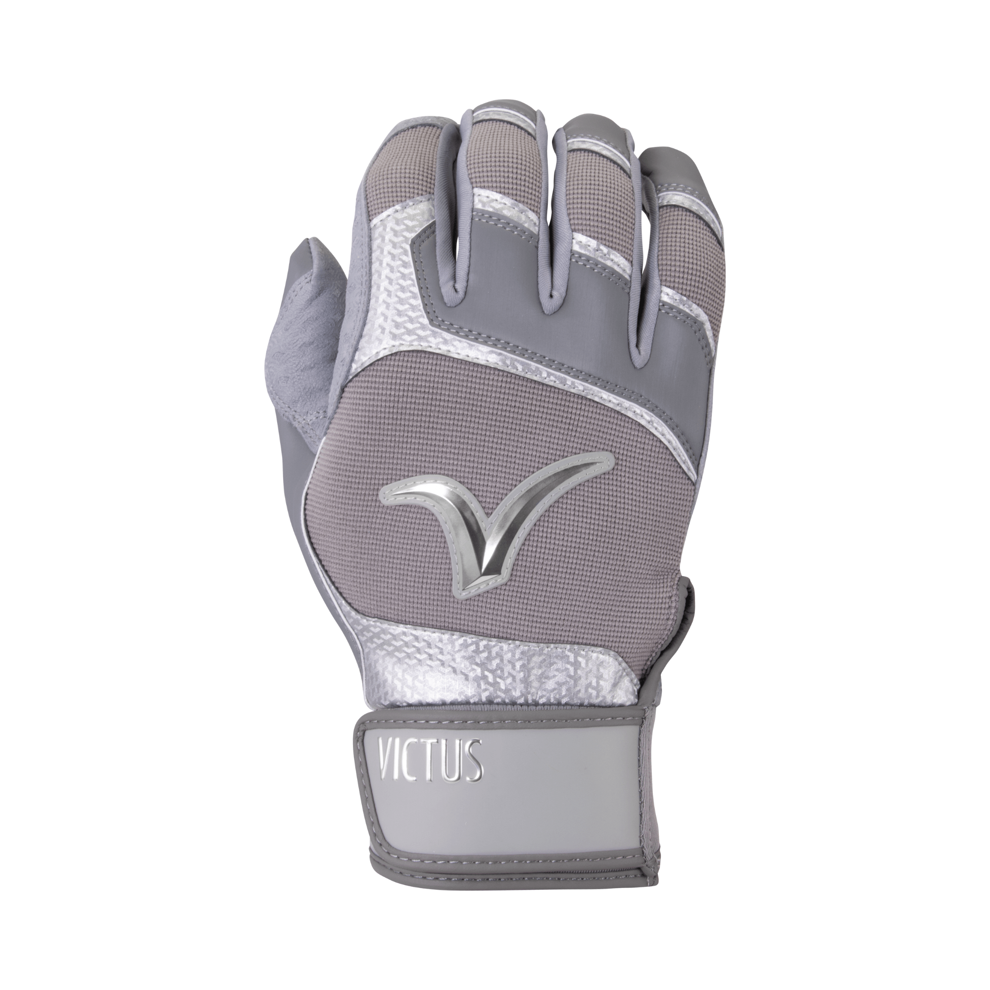 Victus Debut 2.0 batting glove in gray featuring Pittards sheepskin palm and Carbonium Synthetic back for durability and grip.