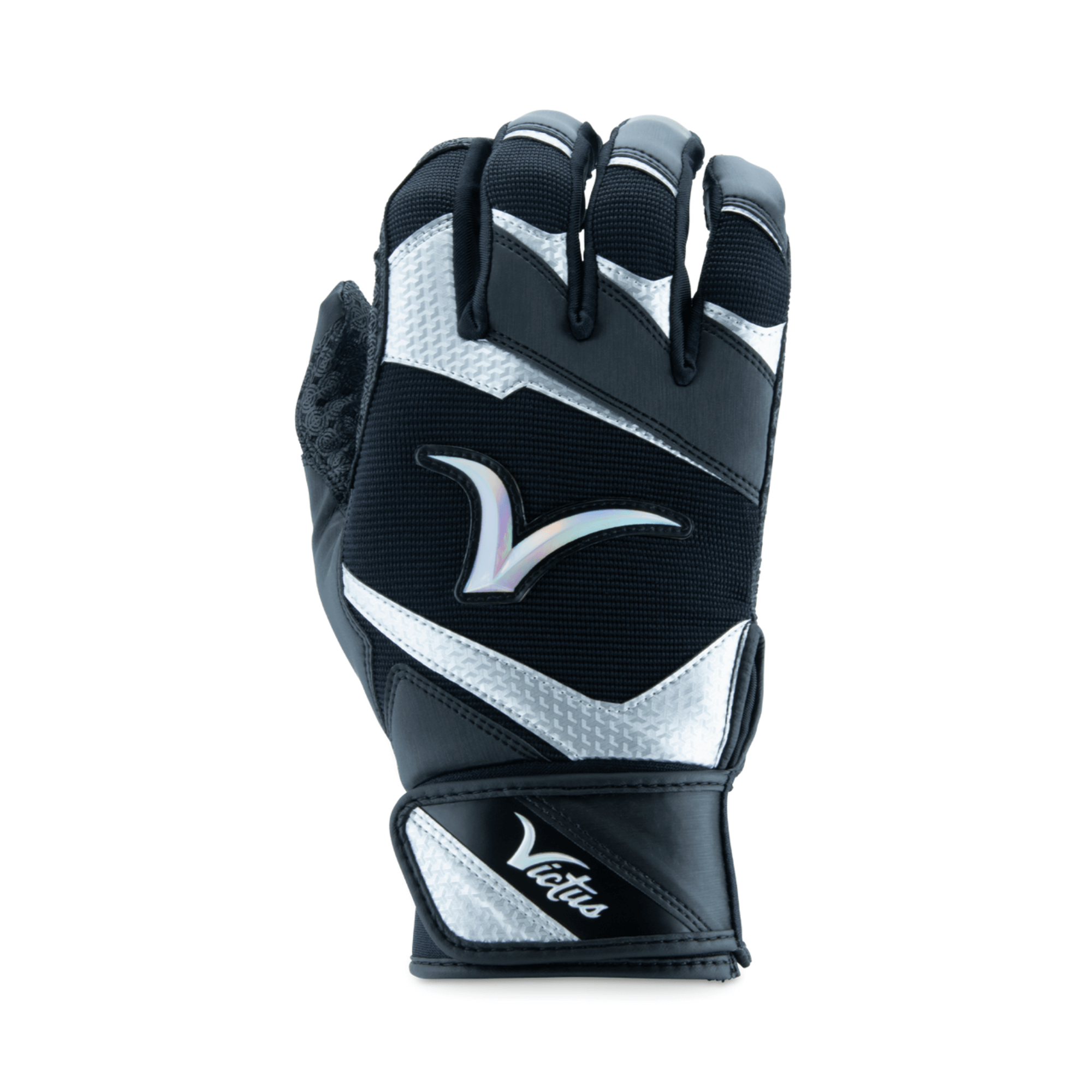 Victus Showtime adult black batting glove showcasing Cabretta sheepskin palm and two-way stretch design for enhanced grip.