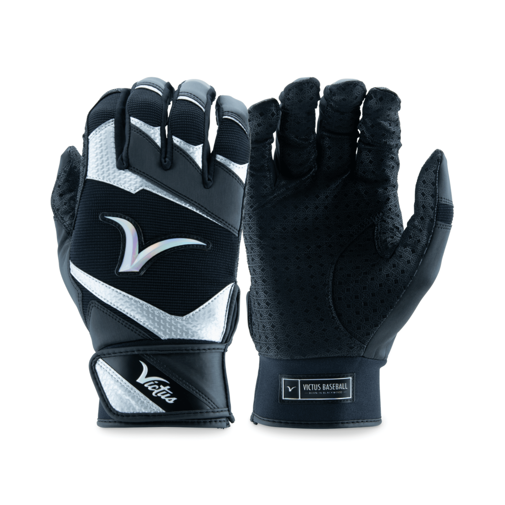Victus Showtime adult black batting gloves featuring Cabretta sheepskin palm and two-way stretch for enhanced grip and comfort.
