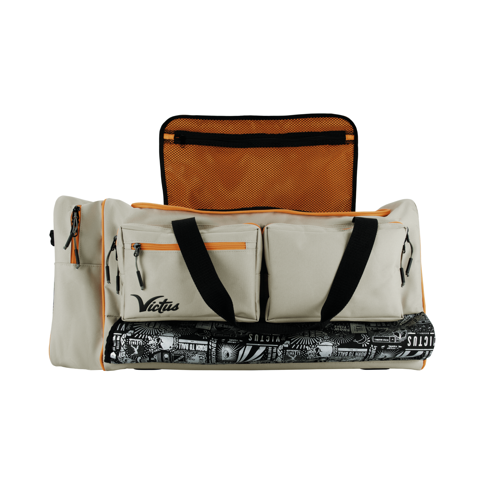 Victus Origin Duffel Bag in khaki and orange with external bat sleeves and multiple pockets for storage.
