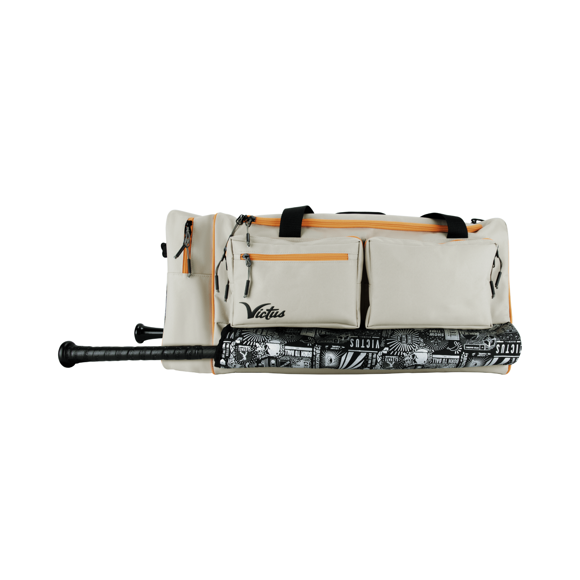 Victus Origin Duffel Bag in Khaki/Orange with bat holder, zipper pockets, and padded shoulder strap, dimensions 26” W x 10” D x 12” H.