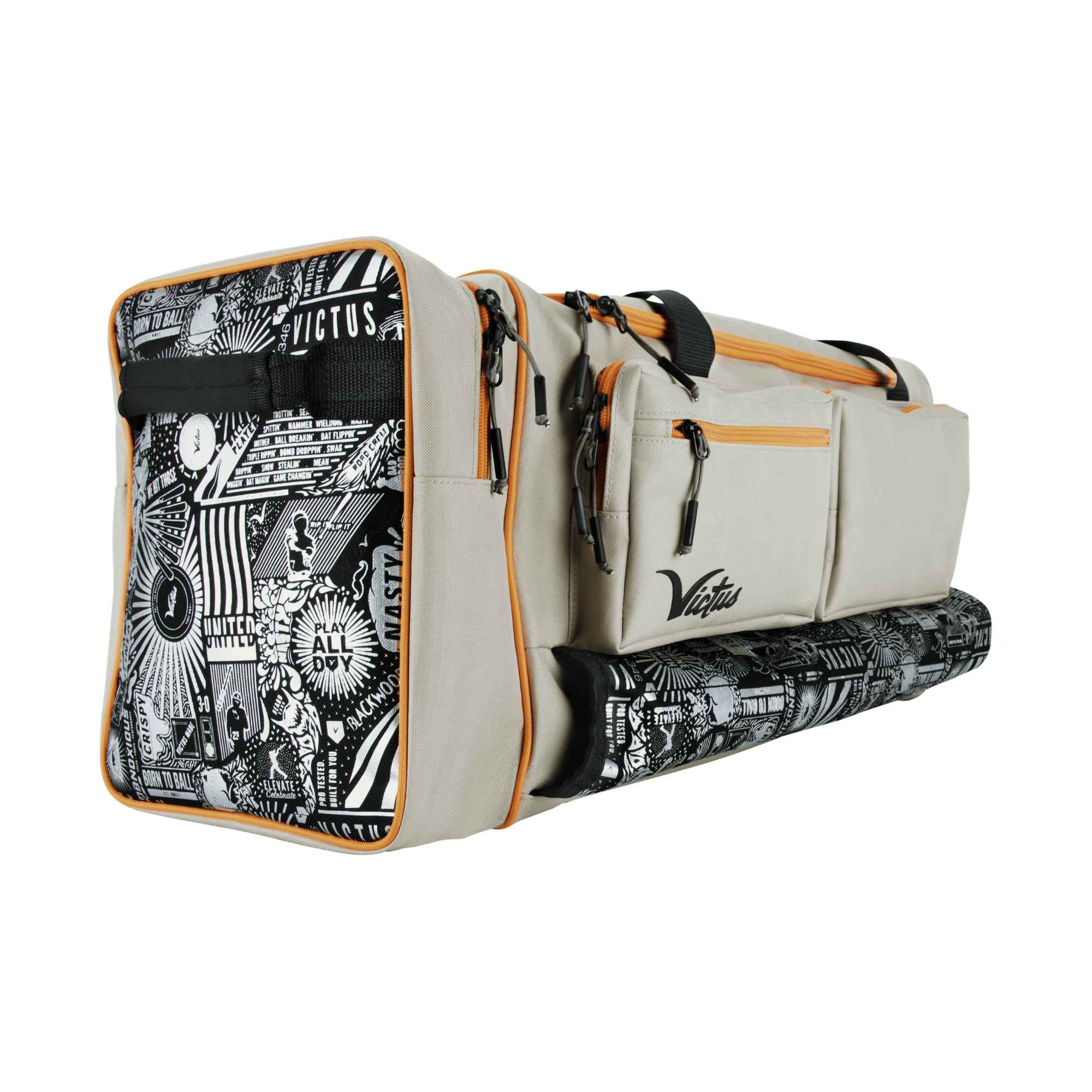 Victus Origin Duffel Bag in Khaki and Orange with external bat holder, zipper pockets, and padded shoulder strap.