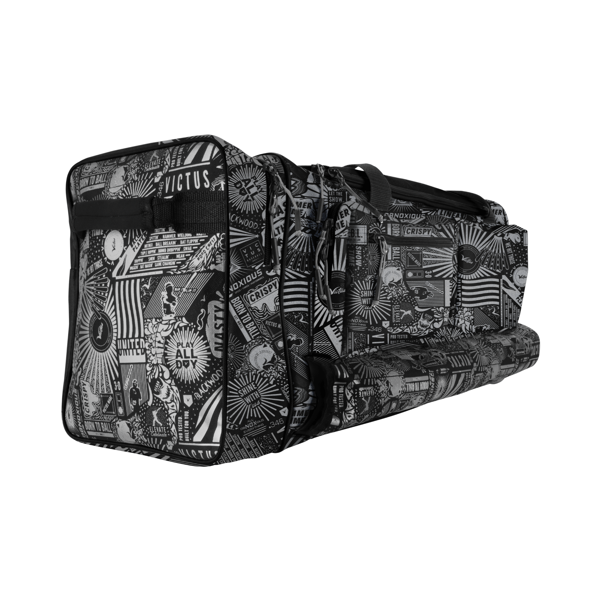 Victus Nox Duffel Bag featuring durable canvas, external bat holders, and multiple zippered compartments for storage.