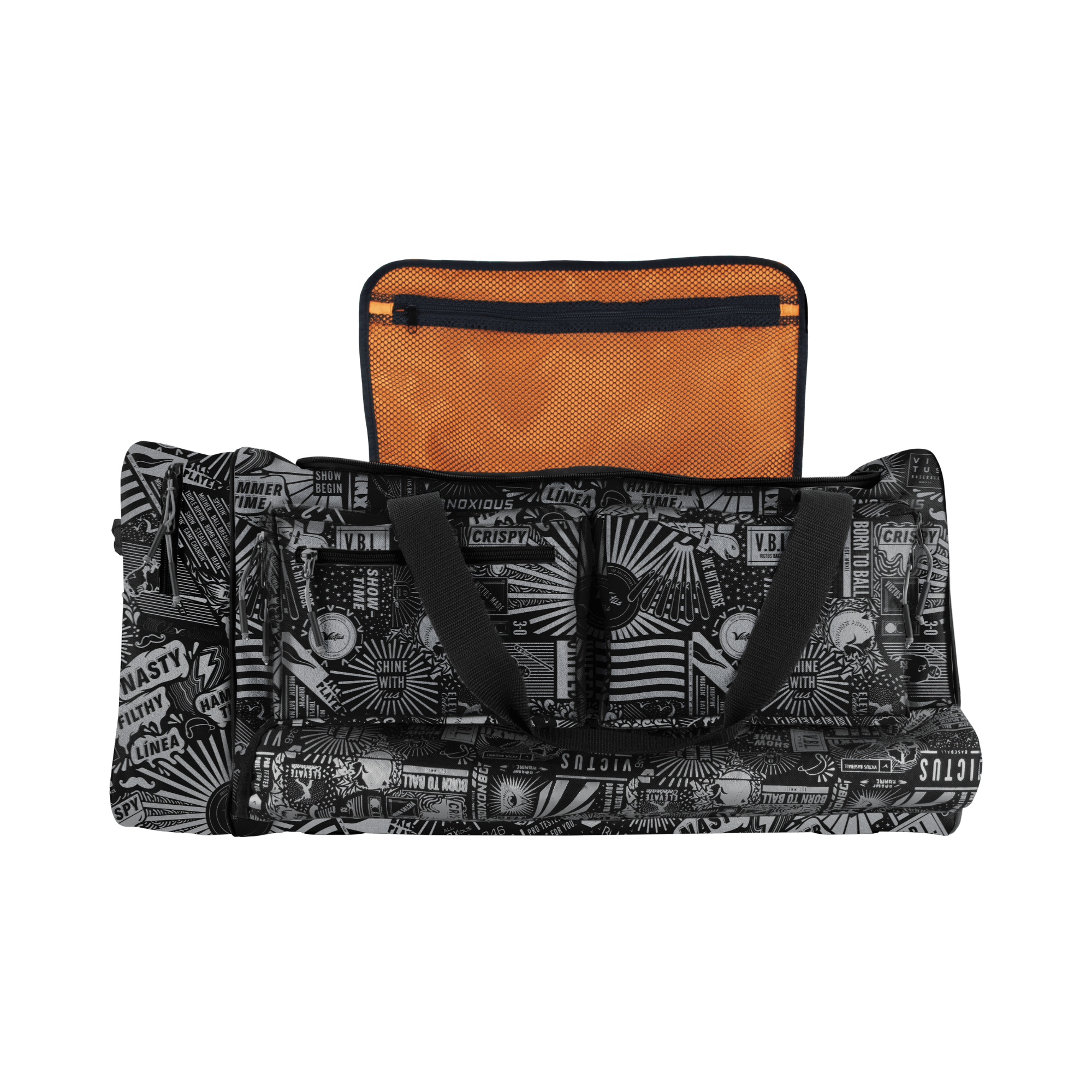 Victus Nox Duffel Bag open, showcasing the heavy-duty canvas, exterior bat holder sleeves, and internal storage pockets.