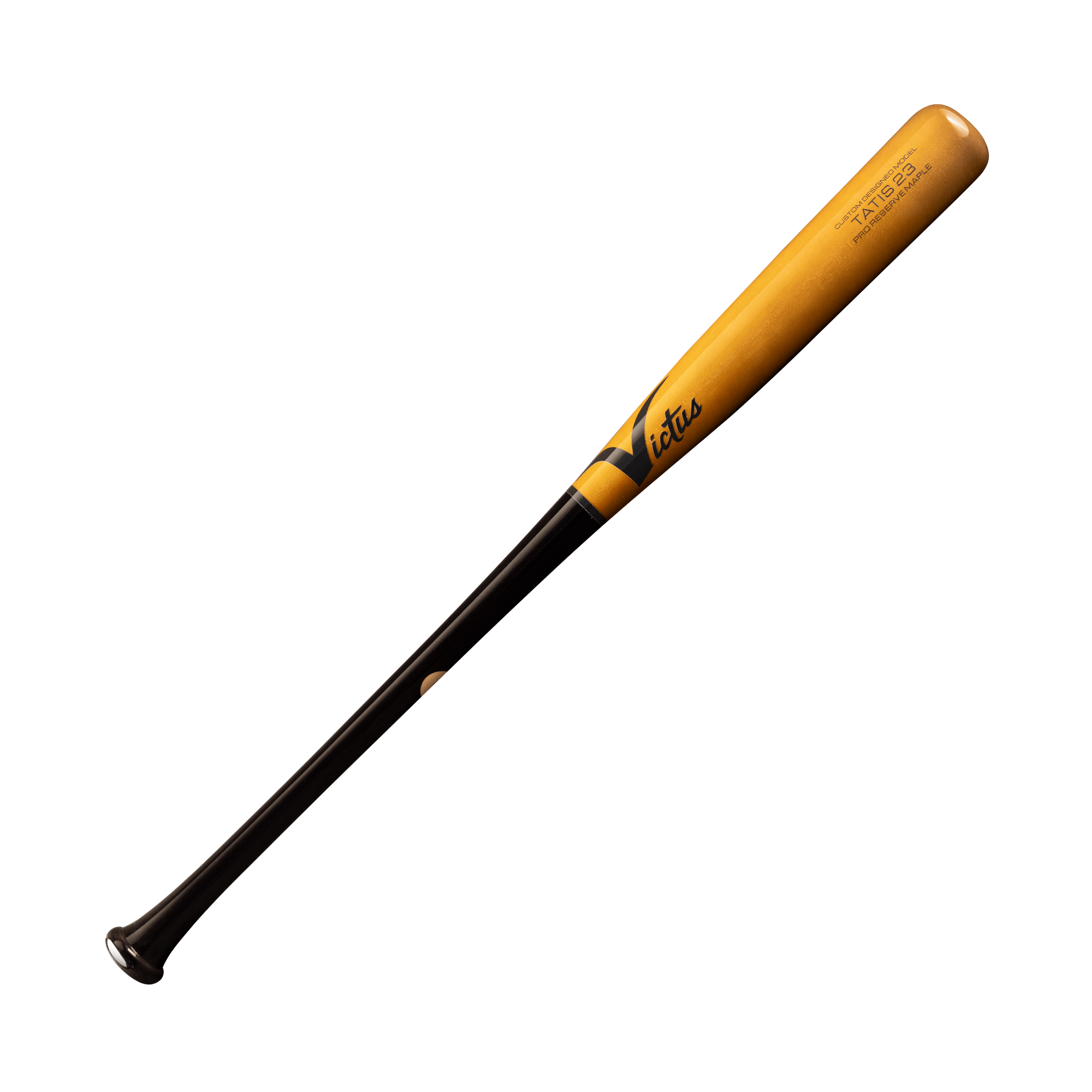 Victus TATIS23 Black/Walnut Maple Pro Reserve bat with flared knob, medium handle, and large barrel, designed for power.