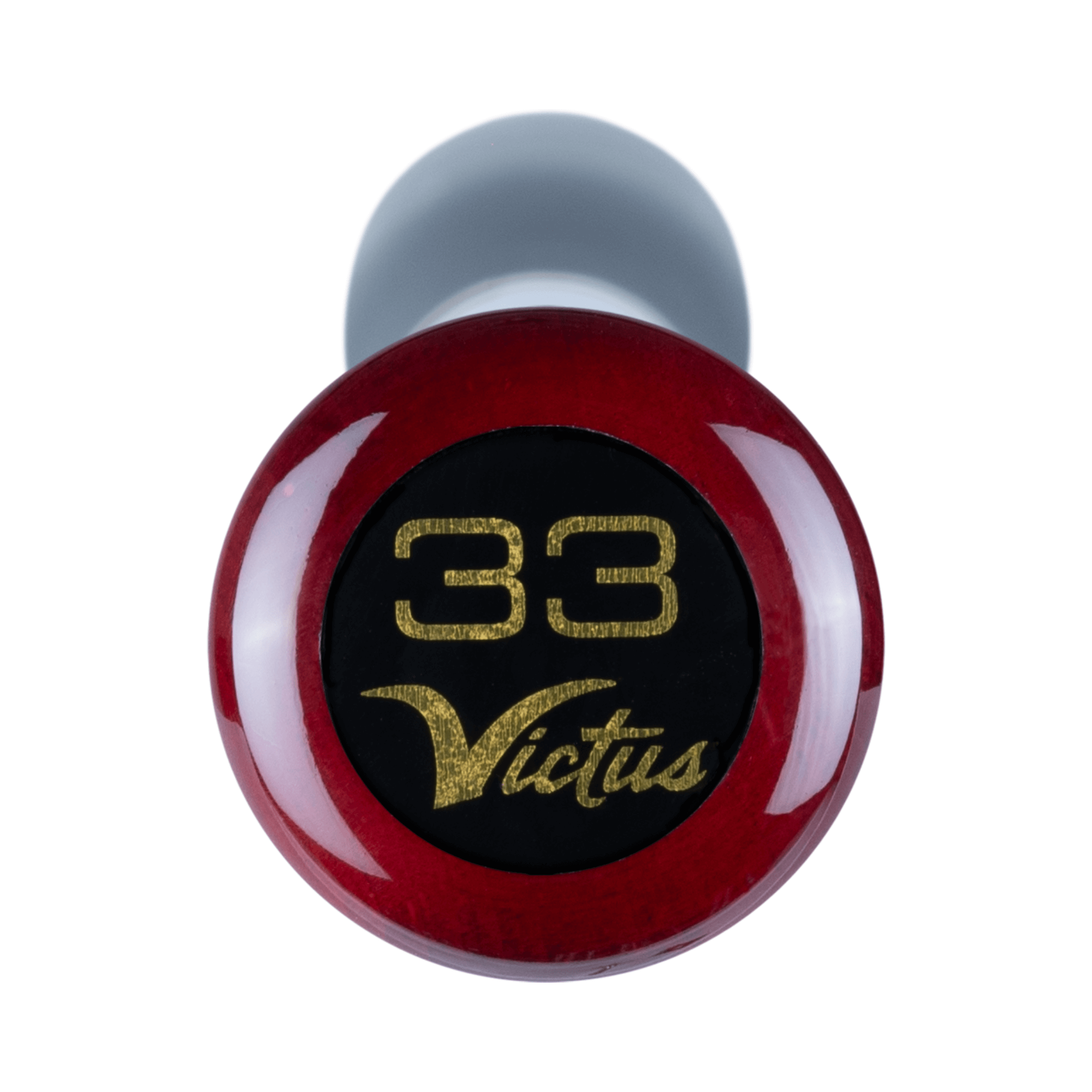 Victus Tatis23 baseball bat top view, featuring flared knob and size 33, cherry and flat black finish.