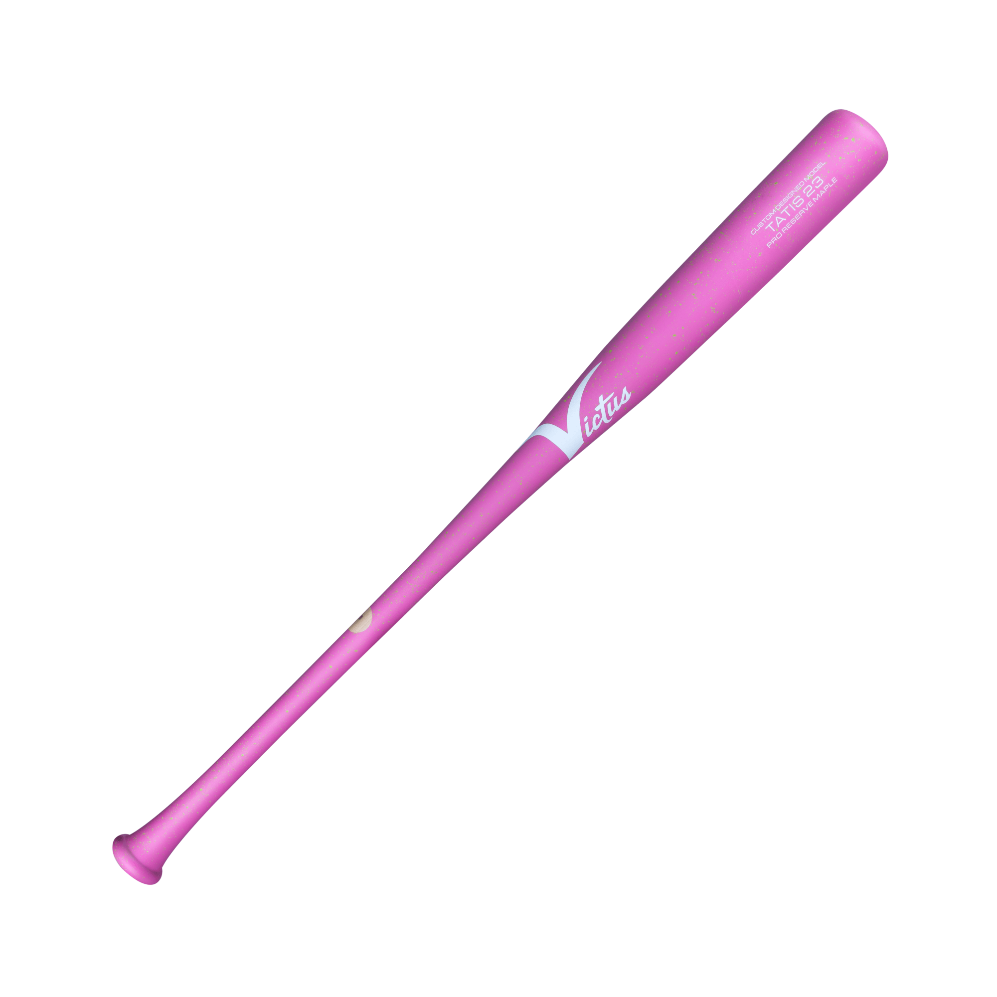 Victus Tatis23 Pro Reserve maple baseball bat in pink color with flared knob and medium handle, designed for power hitting.