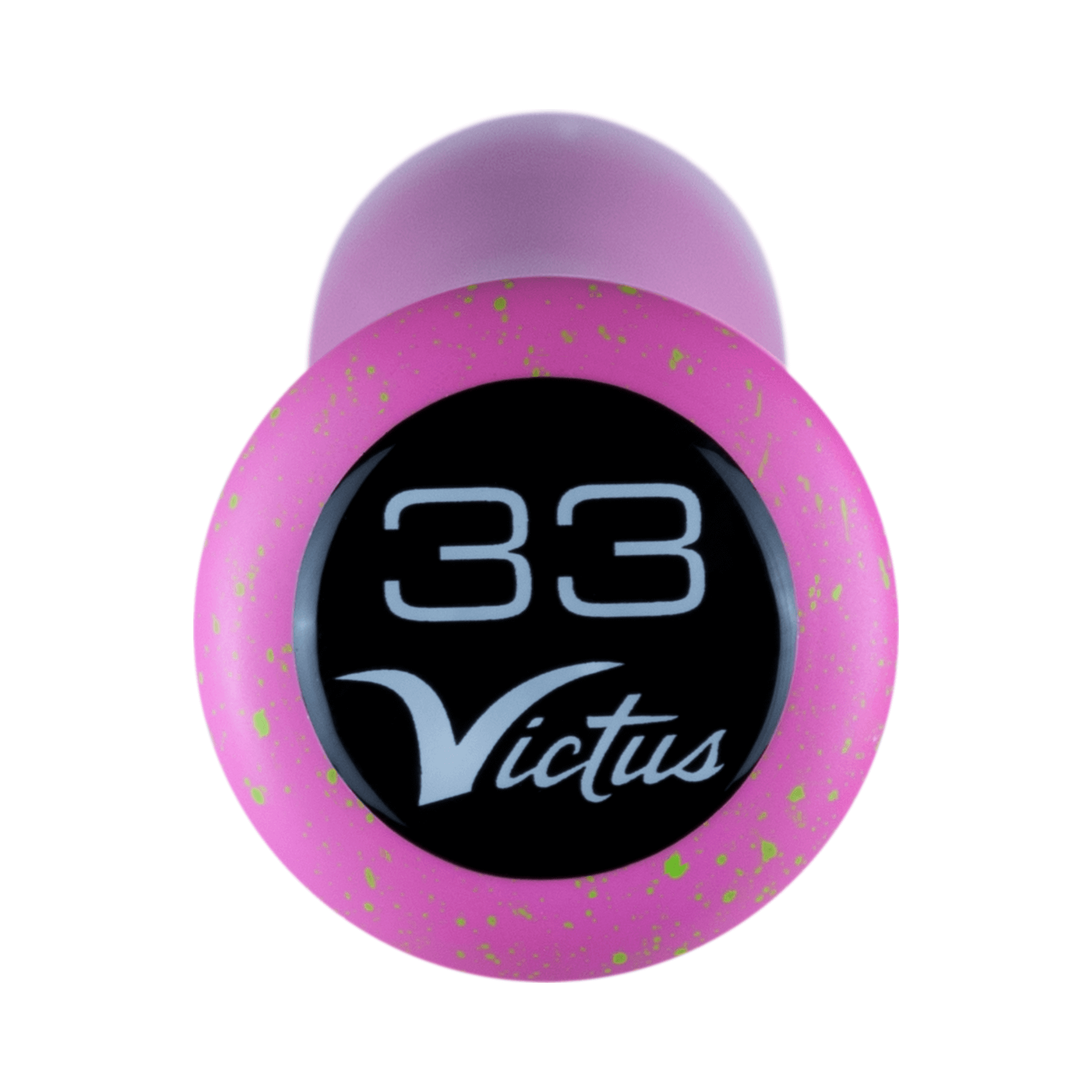 Top view of Victus TATIS23 baseball bat knob in pink with black logo and 33 size indicator.