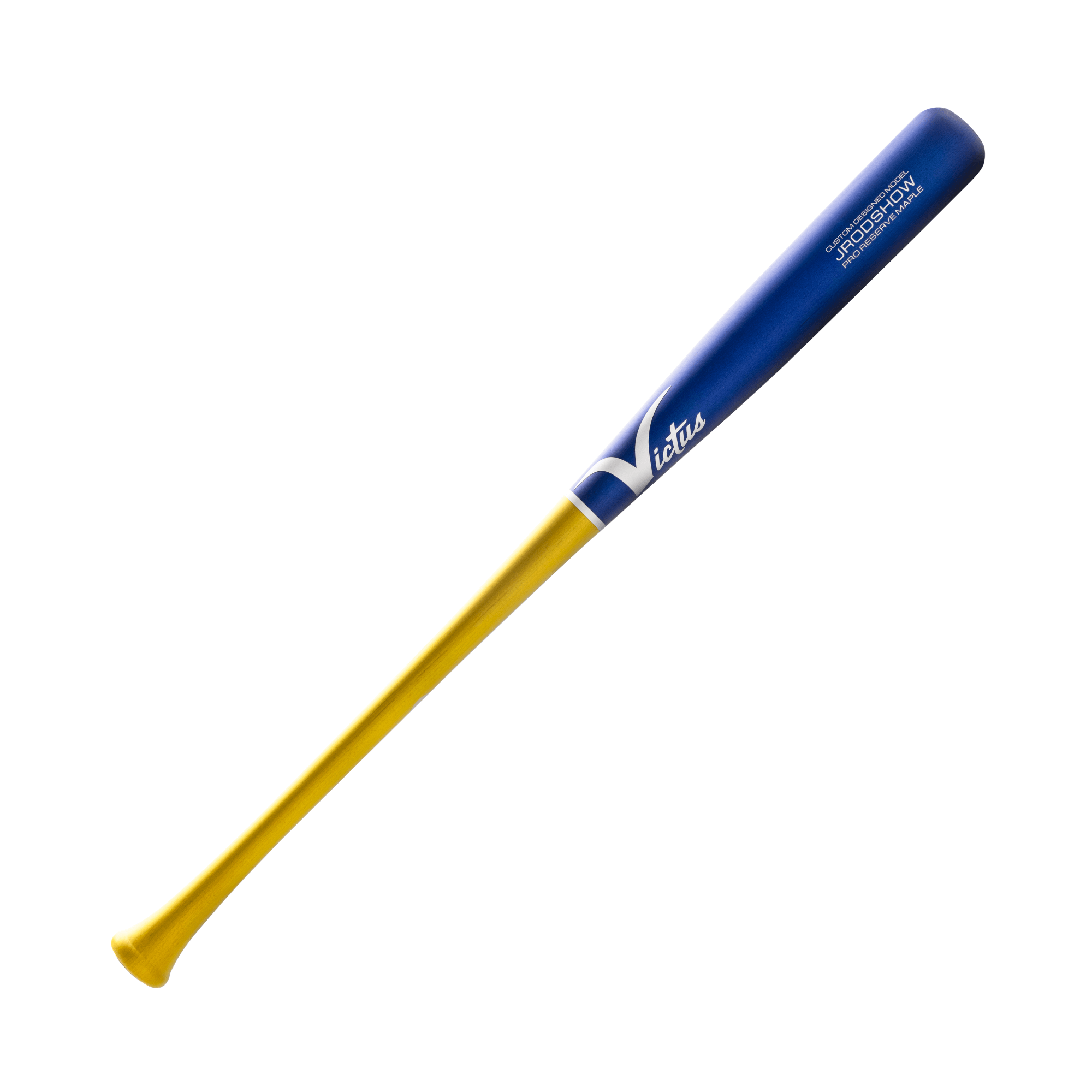 Victus JROD Show Flat Yellow/Flat Royal baseball bat with flared knob and medium handle for optimal performance.