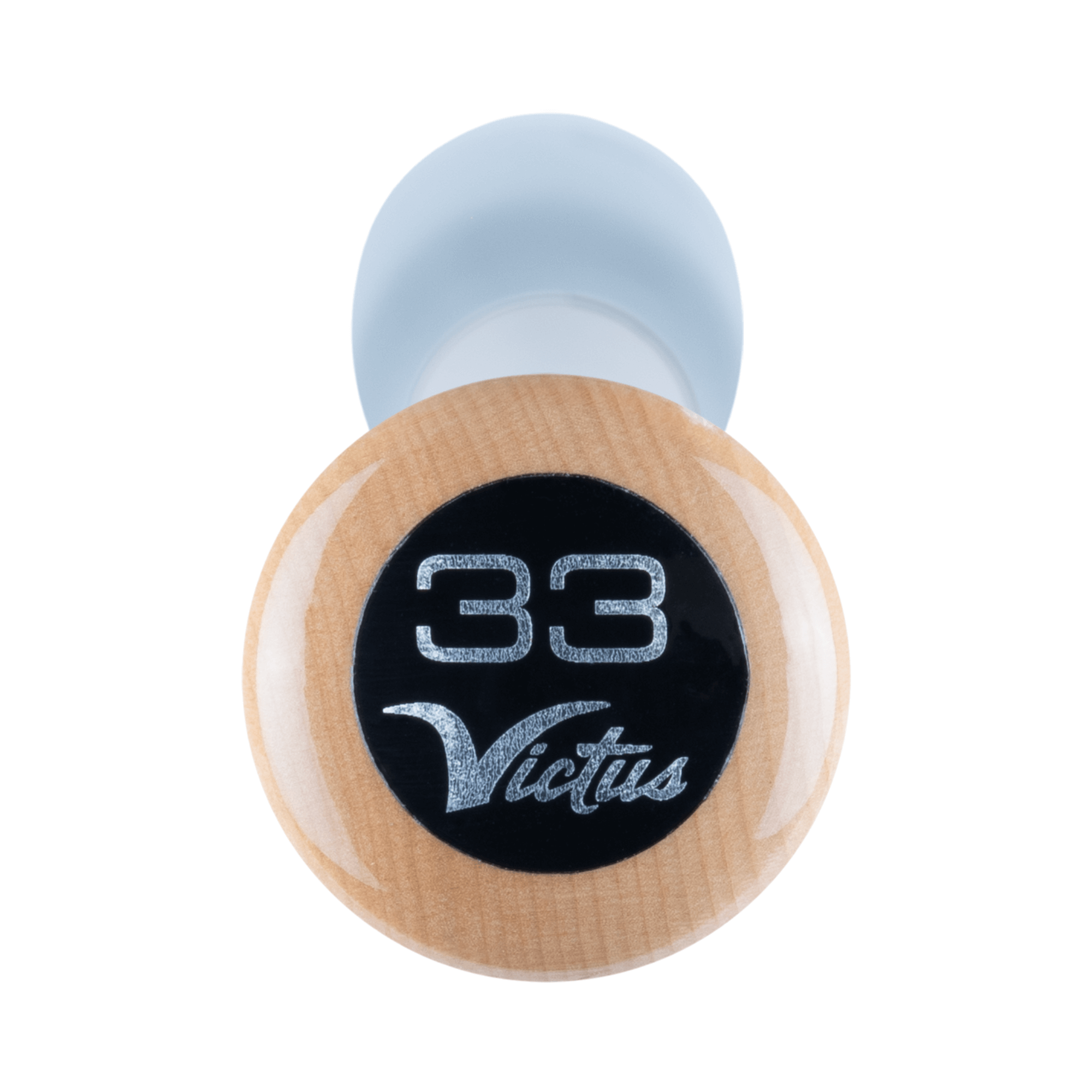 Victus JROD Show baseball bat knob with number 33 and black logo on a natural wood finish.