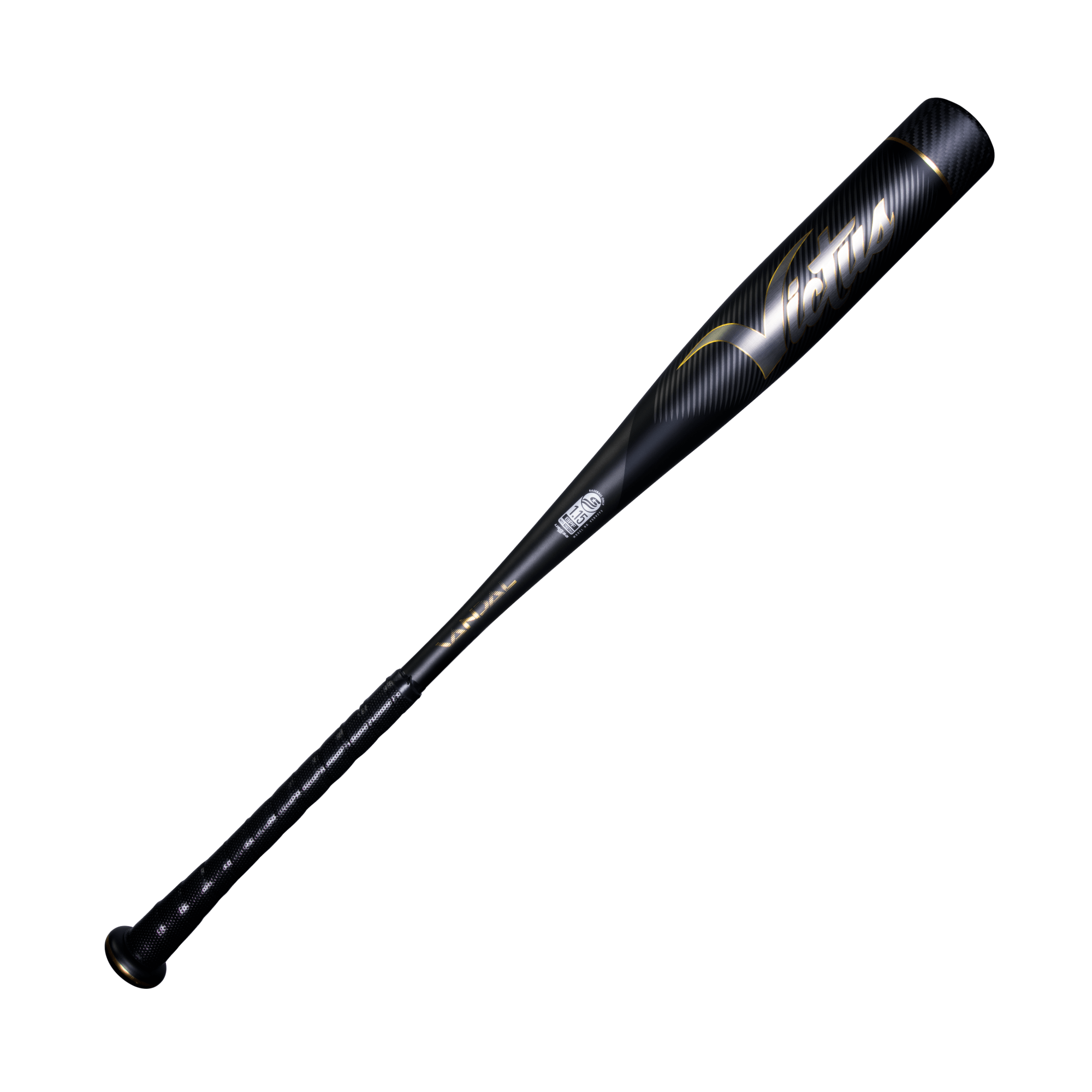 Victus Vandal 2 bat with a sleek black design, featuring a micro-perforated grip for enhanced control and performance.
