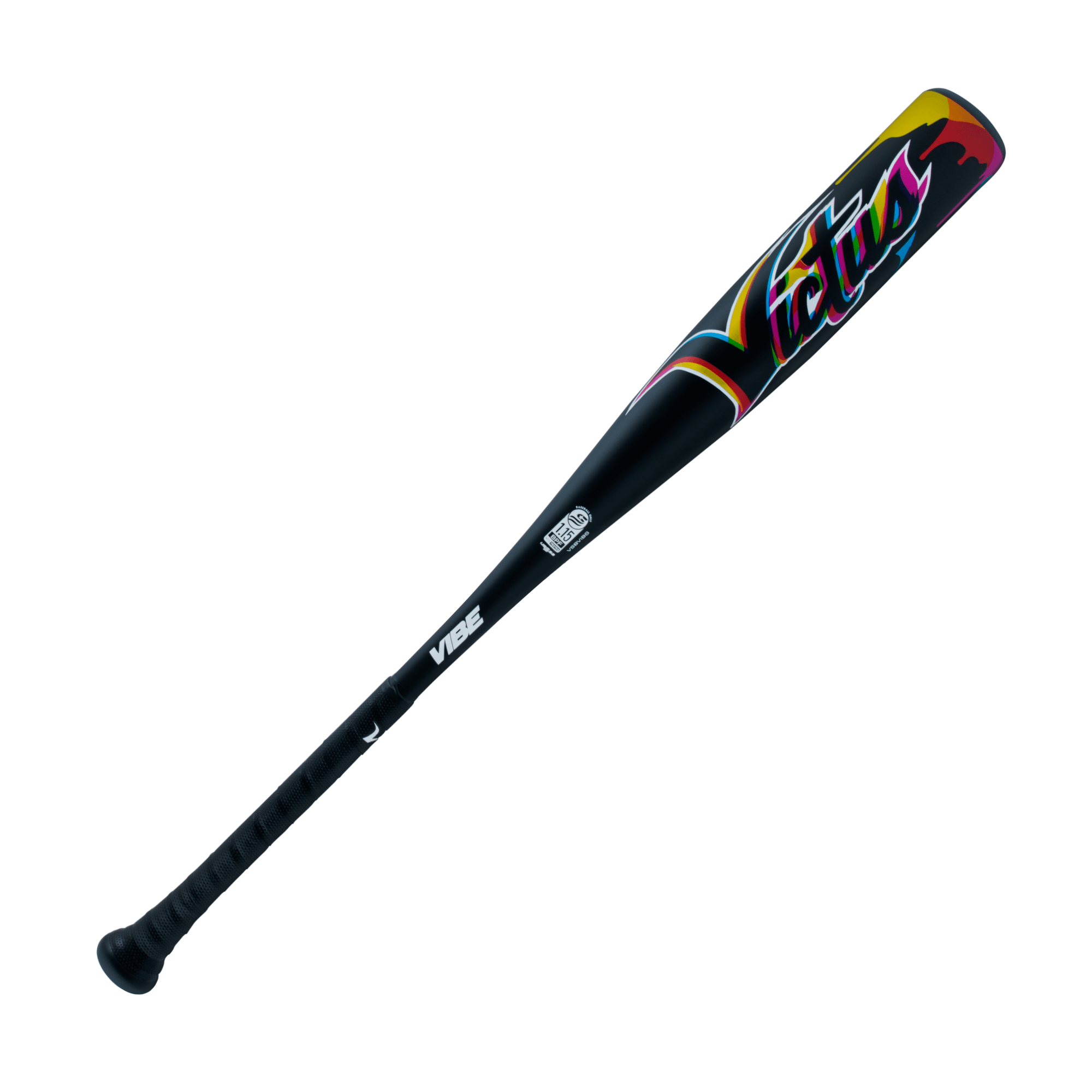 Victus VIBE Senior League -8 baseball bat featuring a colorful design with a ring-free barrel and vibration-reducing knob.