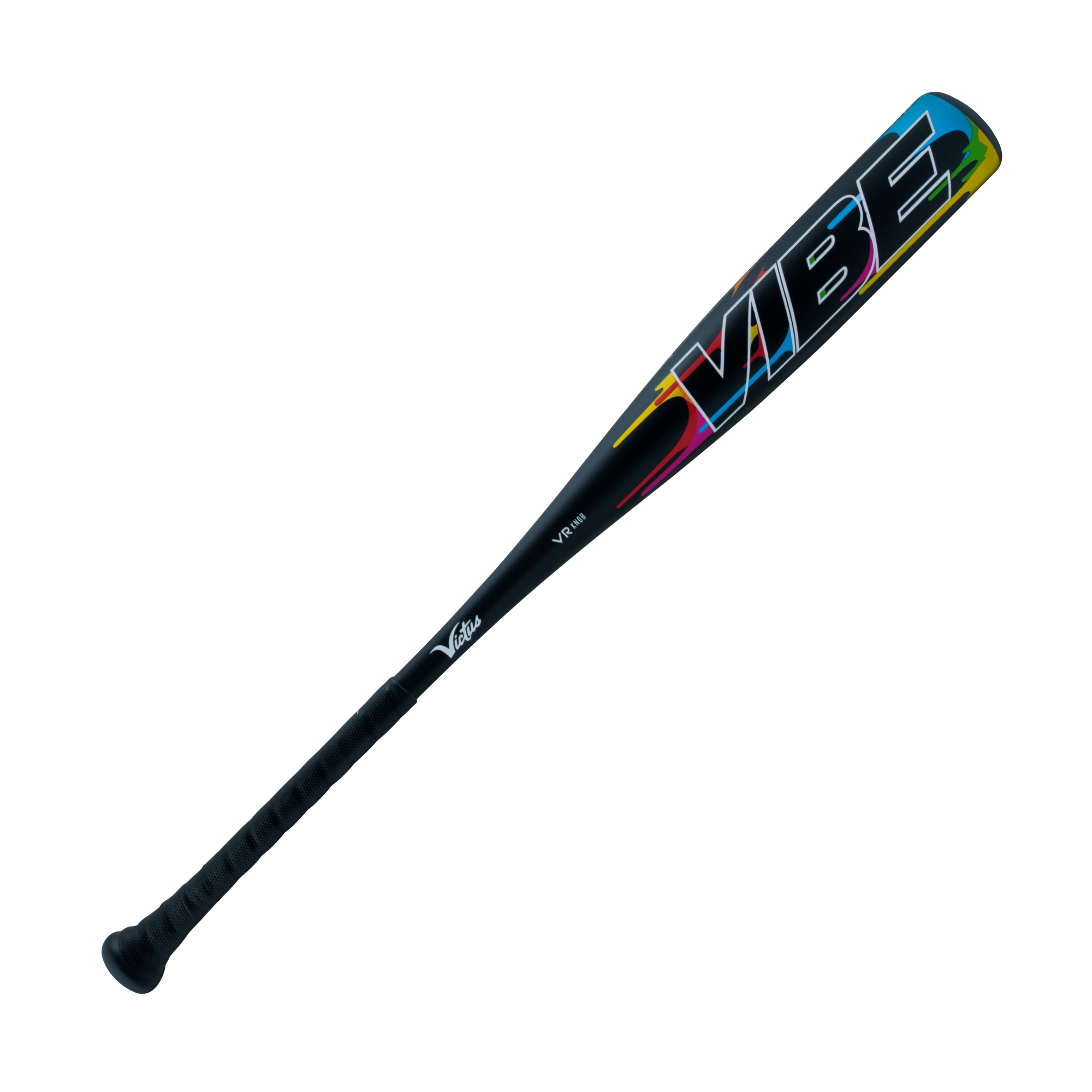 Victus VIBE Senior League -8 aluminum bat with colorful design and vibration-reducing knob for young players.