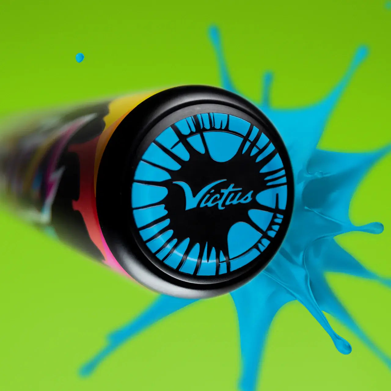 Close-up of the Victus VIBE USA Tee Ball bat showcasing its vibrant design and unique splash background.