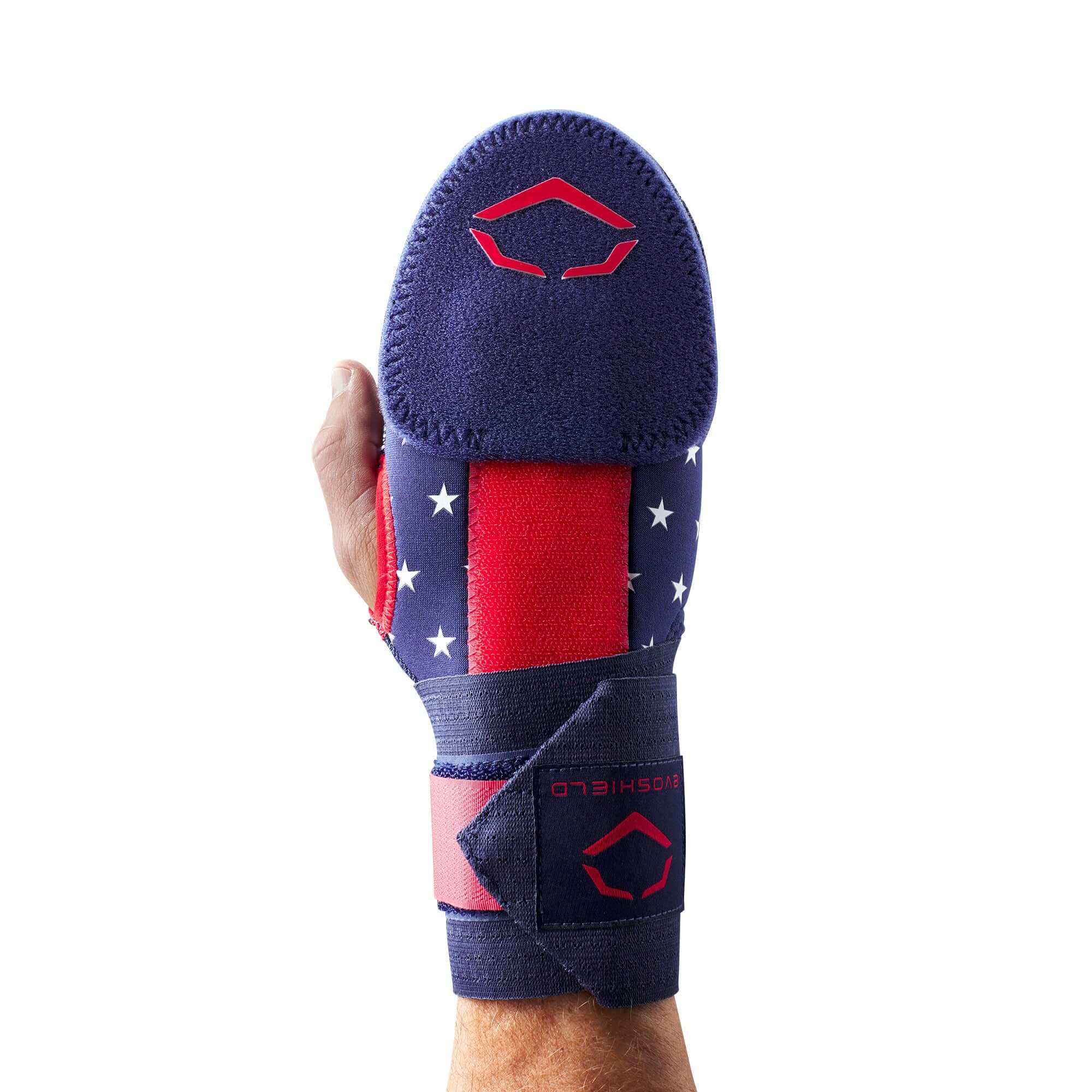 EvoShield Sliding Mitt in navy, scarlet, and white with protective features for safe sliding on the basepaths.