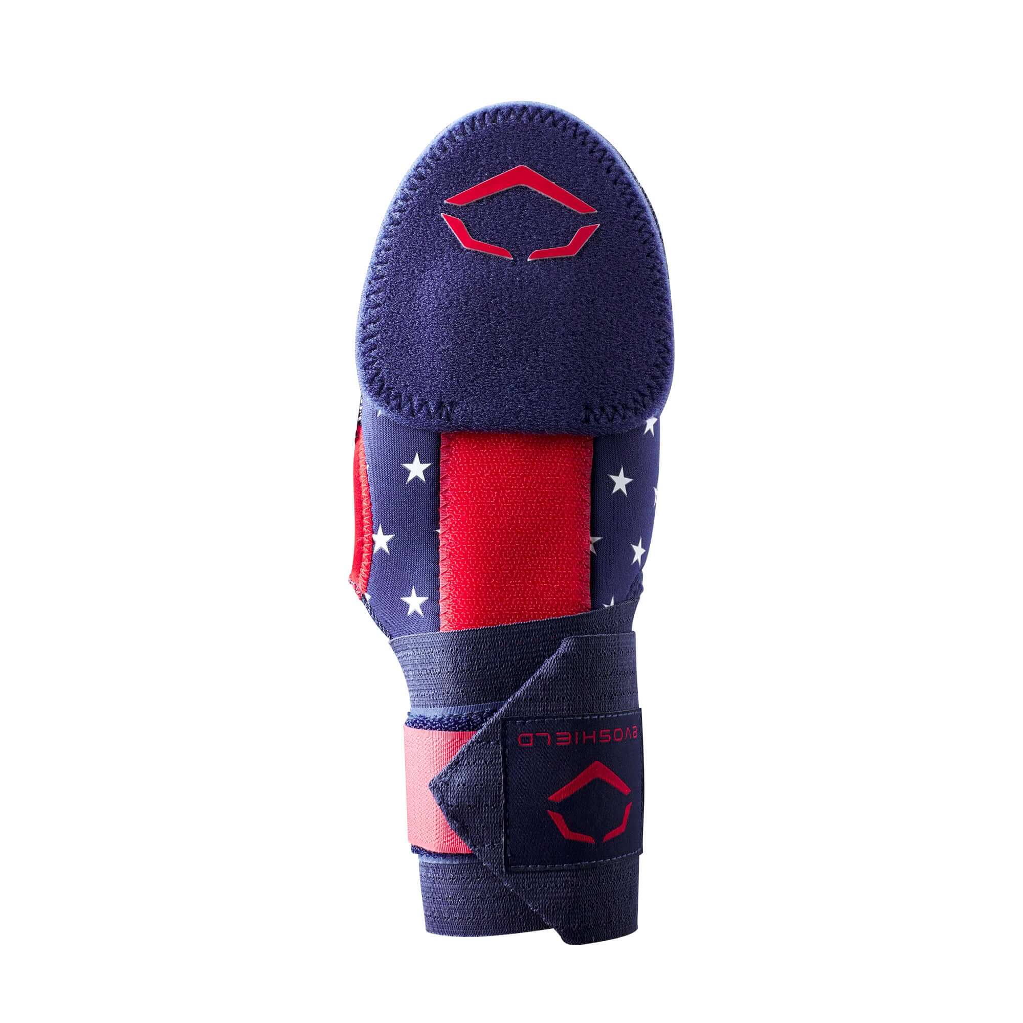 EvoShield Sliding Mitt in Navy, Scarlet, and White, featuring protective plates and elastic compression straps for safety.