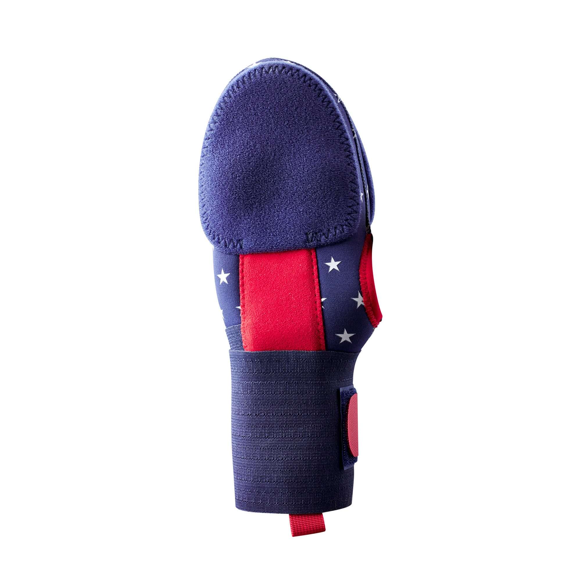 EvoShield Sliding Mitt in navy, scarlet, and white, featuring protective plates and elastic compression straps.